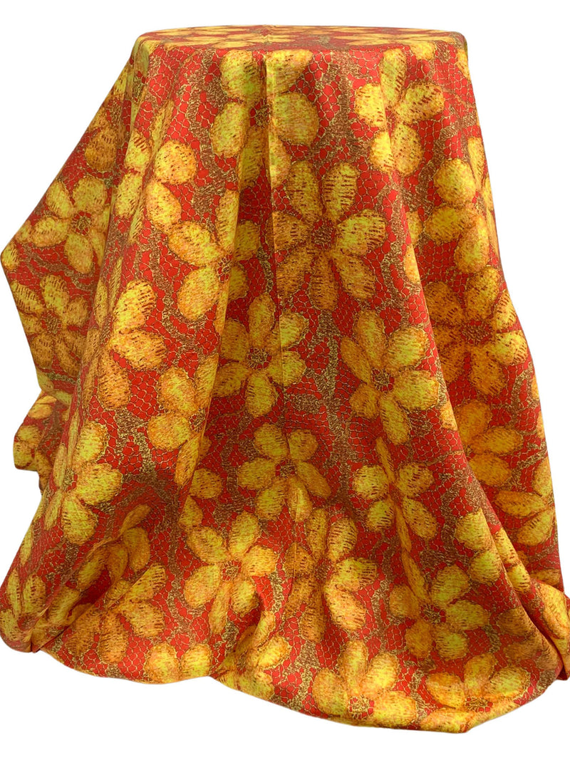 Sun Yellow/Imperial Red/Caramel 100% Cotton Novelty Floral Lace Look Print Sateen Shirting 56W