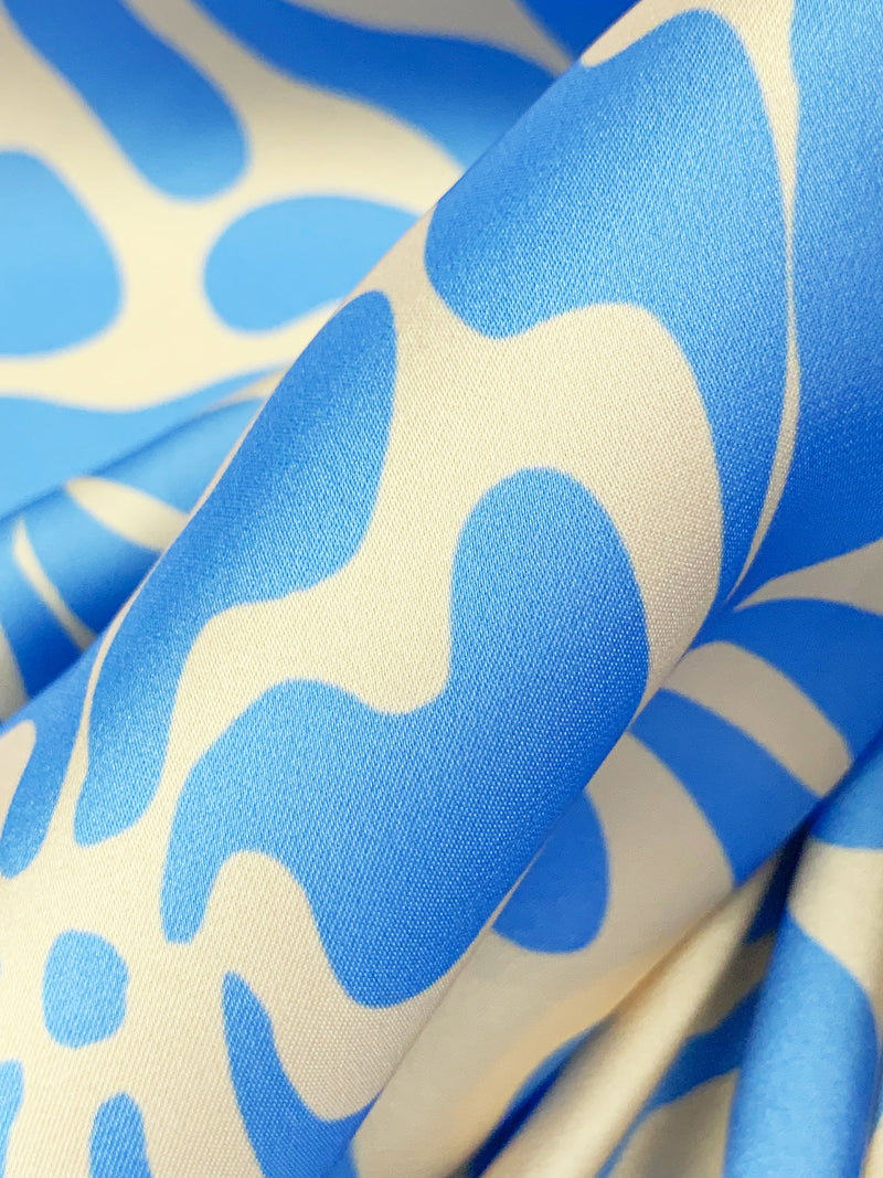 Vista Blue/Wheat 100% Polyester Abstract Floral Print Charmeuse - NY Designer - 58W