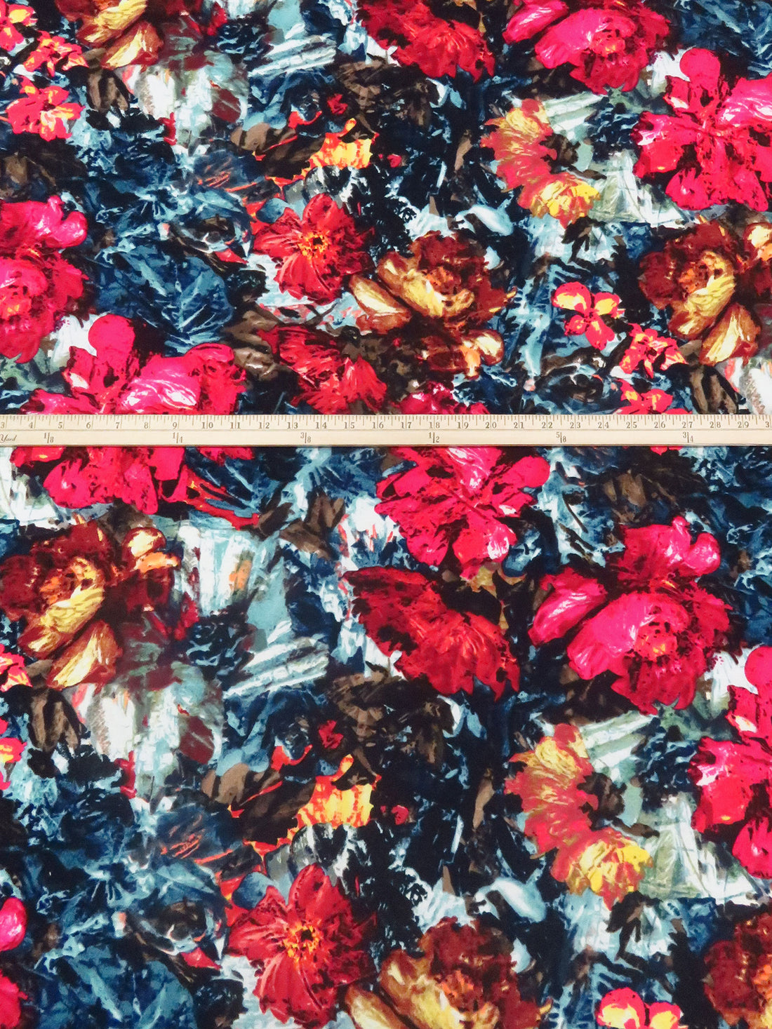 Carmine/Dusty Midnight Navy/Lemon/Multi Polyester/Lycra Abstract Large Floral Print Hacci Sweater Knit 59W