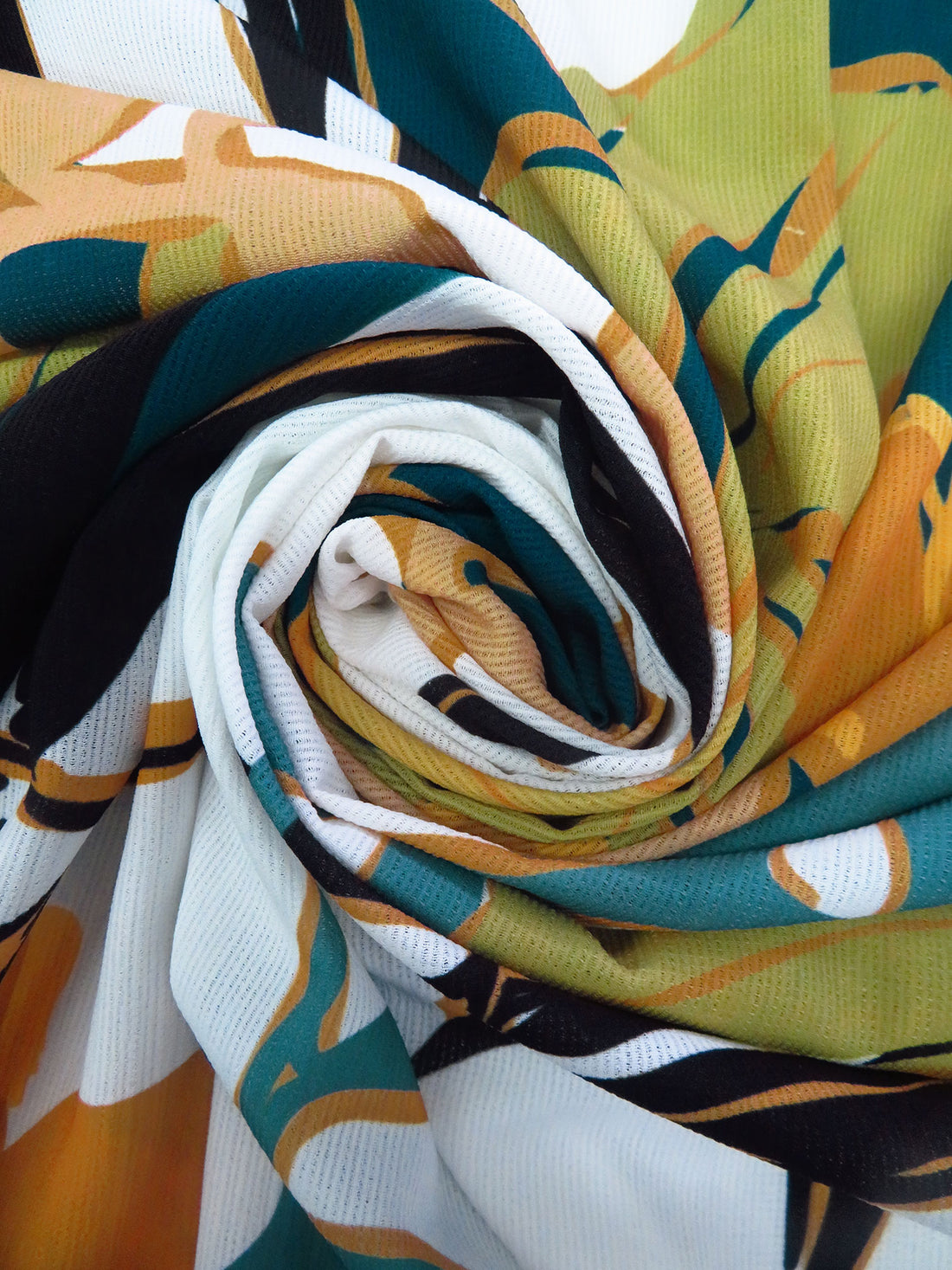 White/Teal/Goldenrod/Multi 100% Polyester Large Abstract Leaf Print Textured Blouseweight Woven - NY Designer - 58W