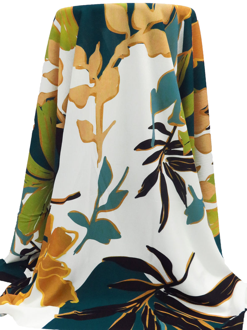 White/Teal/Goldenrod/Multi 100% Polyester Large Abstract Leaf Print Textured Blouseweight Woven - NY Designer - 58W