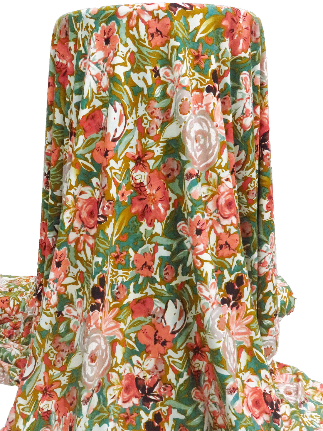 Coral Pink/Dark Teal/Bistre Brown/Multi Polyester/Lycra Abstract Floral Print DTY 58W