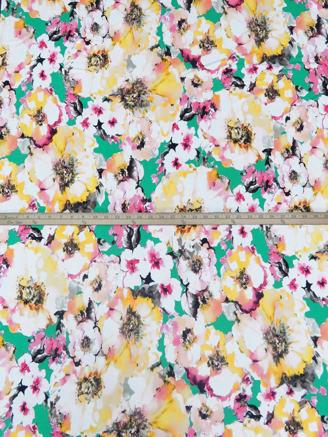 Caribbean Green/Lemon/White/Multi Polyester/Lycra Artistic Large Floral Print DTY 56W