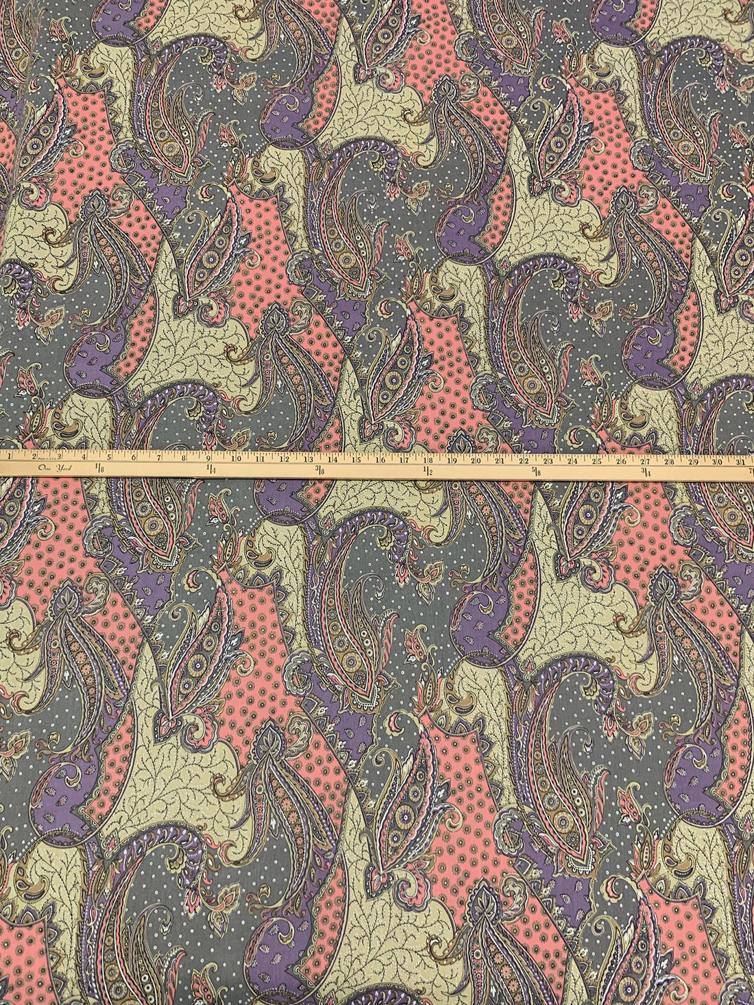 Wisteria/Dark Salmon/Dark Silver/Multi Cotton/Polyurethane Ornate Paisley Scrolls Print Laminated Cotton Woven 43W