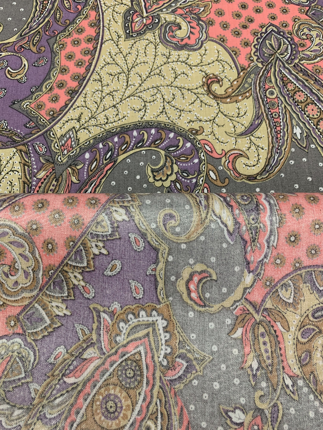 Wisteria/Dark Salmon/Dark Silver/Multi Cotton/Polyurethane Ornate Paisley Scrolls Print Laminated Cotton Woven 43W