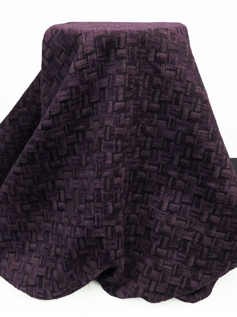 Royal Grape/Black/Dusty Gray 100% Polyester Basketweave Design Chenille Tapestry Upholstery Fabric 56W