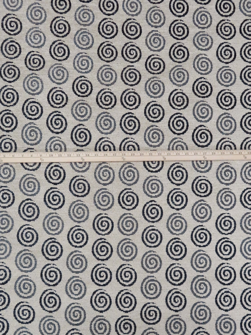 Tan/Dark Sapphire/Pewter Gray 100% Polyester Swirl Design Chenille Tapestry Upholstery Fabric 54W