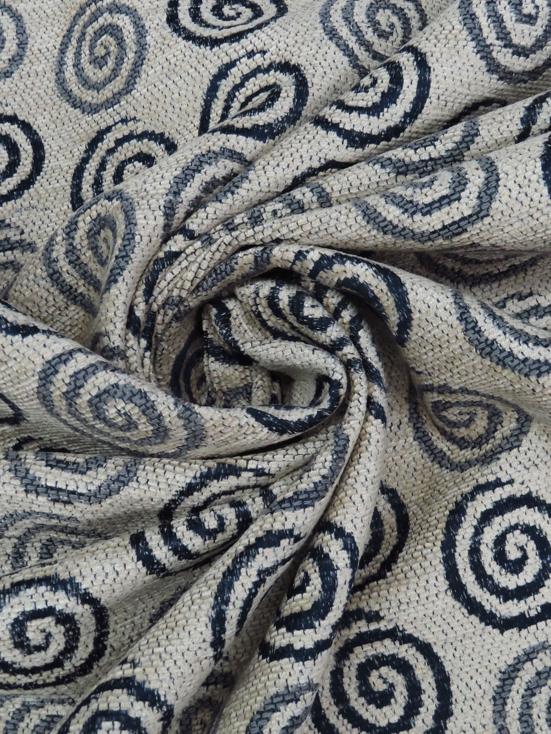 Tan/Dark Sapphire/Pewter Gray 100% Polyester Swirl Design Chenille Tapestry Upholstery Fabric 54W