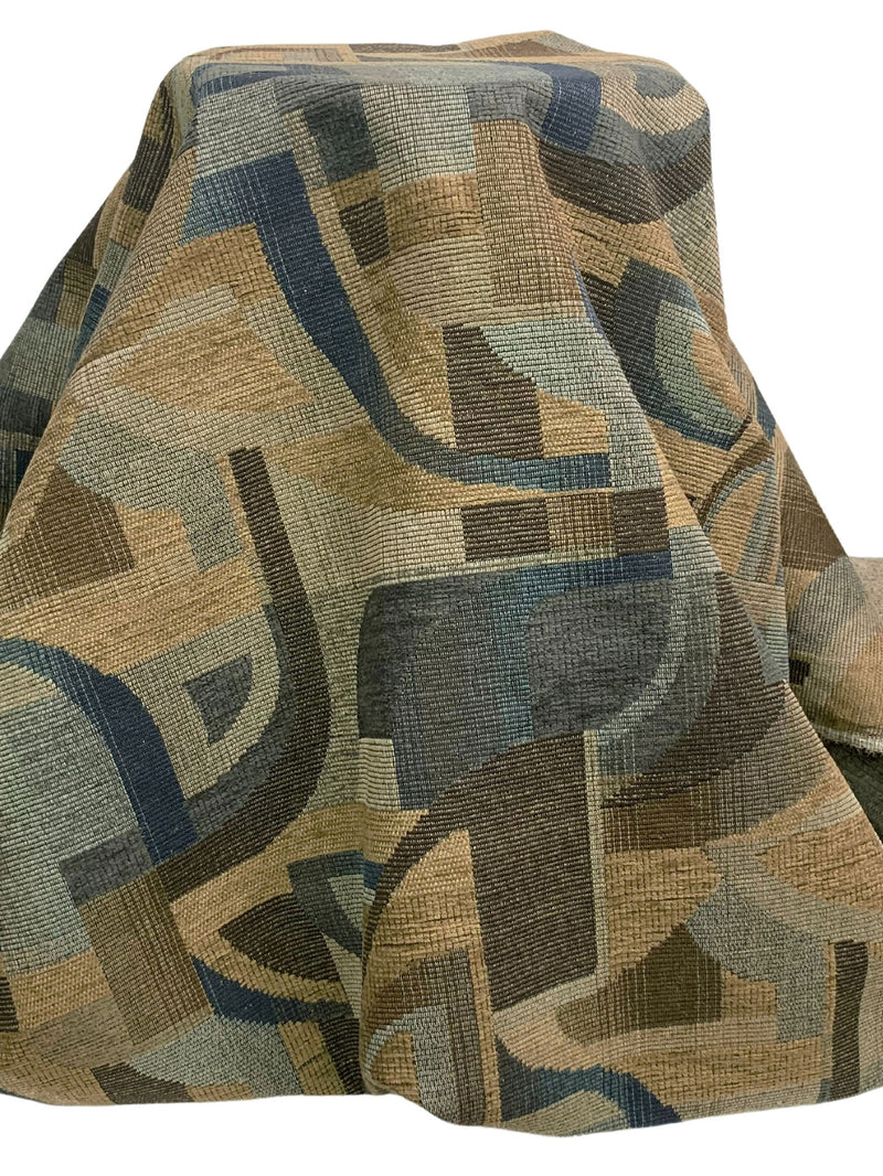 Independence Blue/Muted Tan/Coffee Brown 100% Polyester Abstract Design Chenille Tapestry Upholstery Fabric 56W