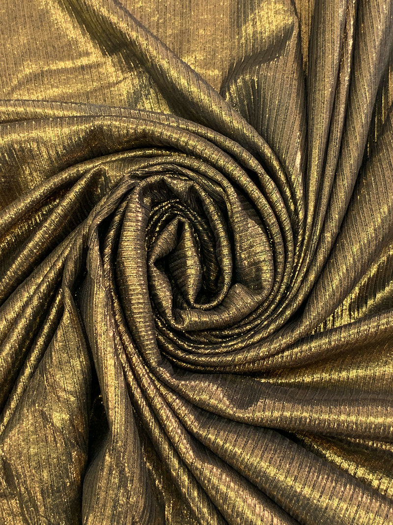 Metallic Gold/Black Polyester/Lycra 3x1 Foil Print Rib Knit - NY Designer - 58W