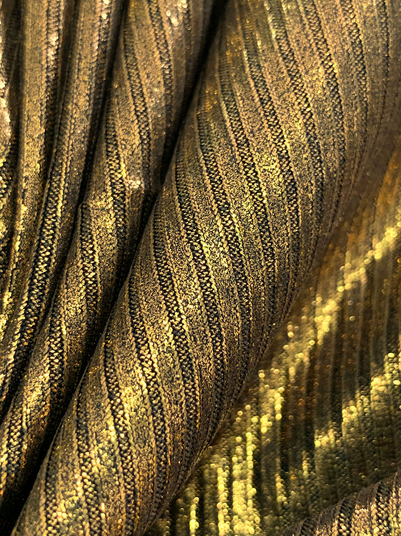 Metallic Gold/Black Polyester/Lycra 3x1 Foil Print Rib Knit - NY Designer - 58W