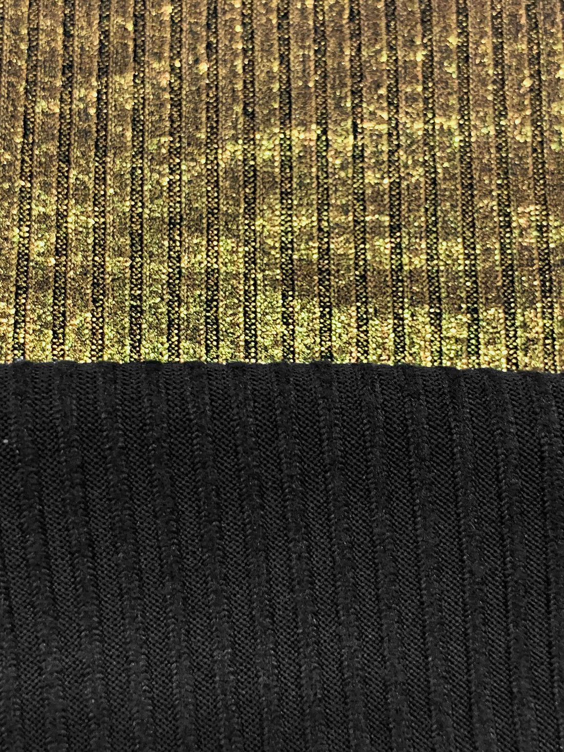 Metallic Gold/Black Polyester/Lycra 3x1 Foil Print Rib Knit - NY Designer - 58W