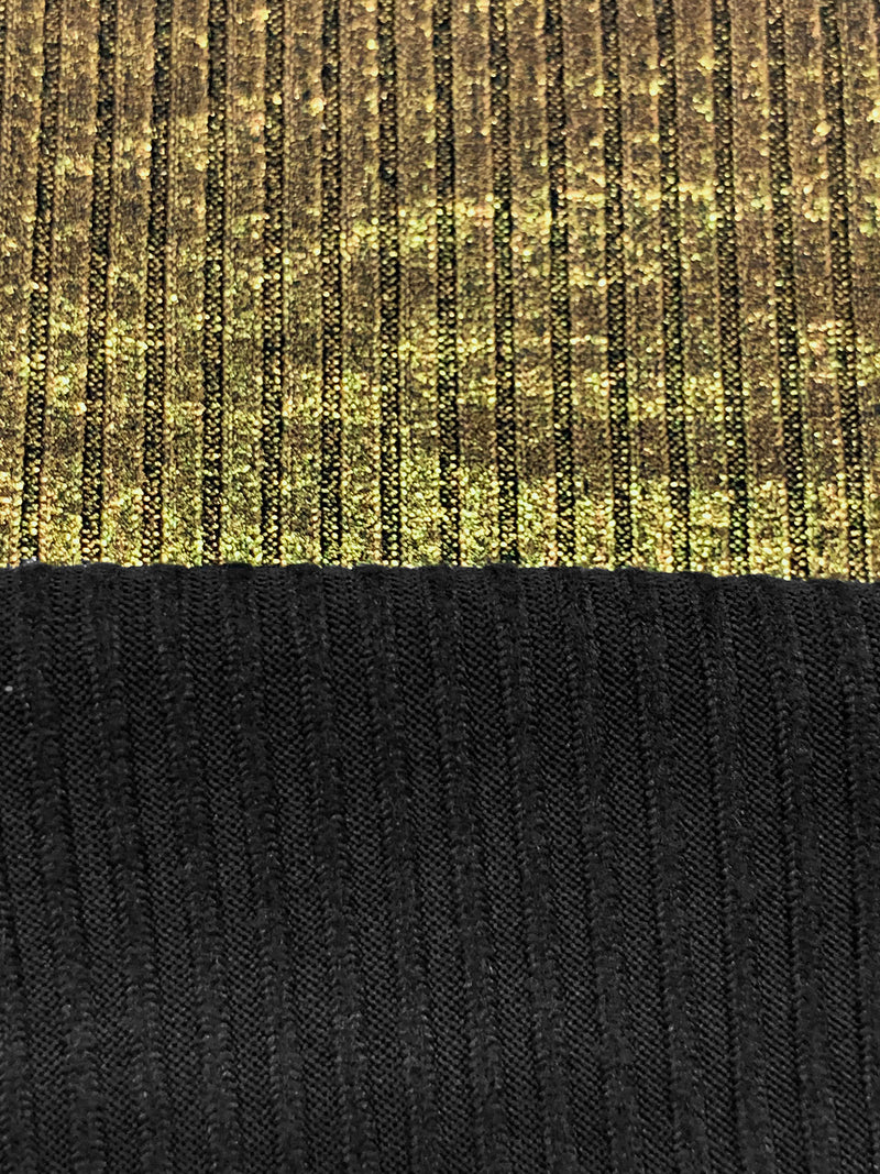 Metallic Gold/Black Polyester/Lycra 3x1 Foil Print Rib Knit - NY Designer - 58W