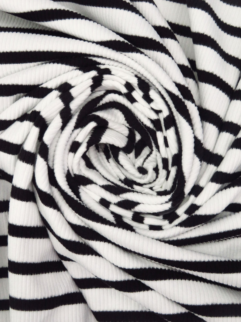 White/Black Polyester/Lycra Horizontal Stripe Weave 1x1 Rib Knit - NY Designer - 56W
