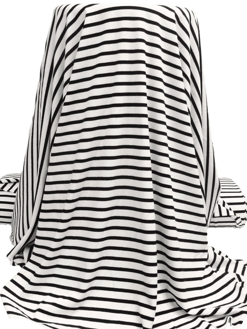 White/Black Polyester/Lycra Horizontal Stripe Weave 1x1 Rib Knit - NY Designer - 56W