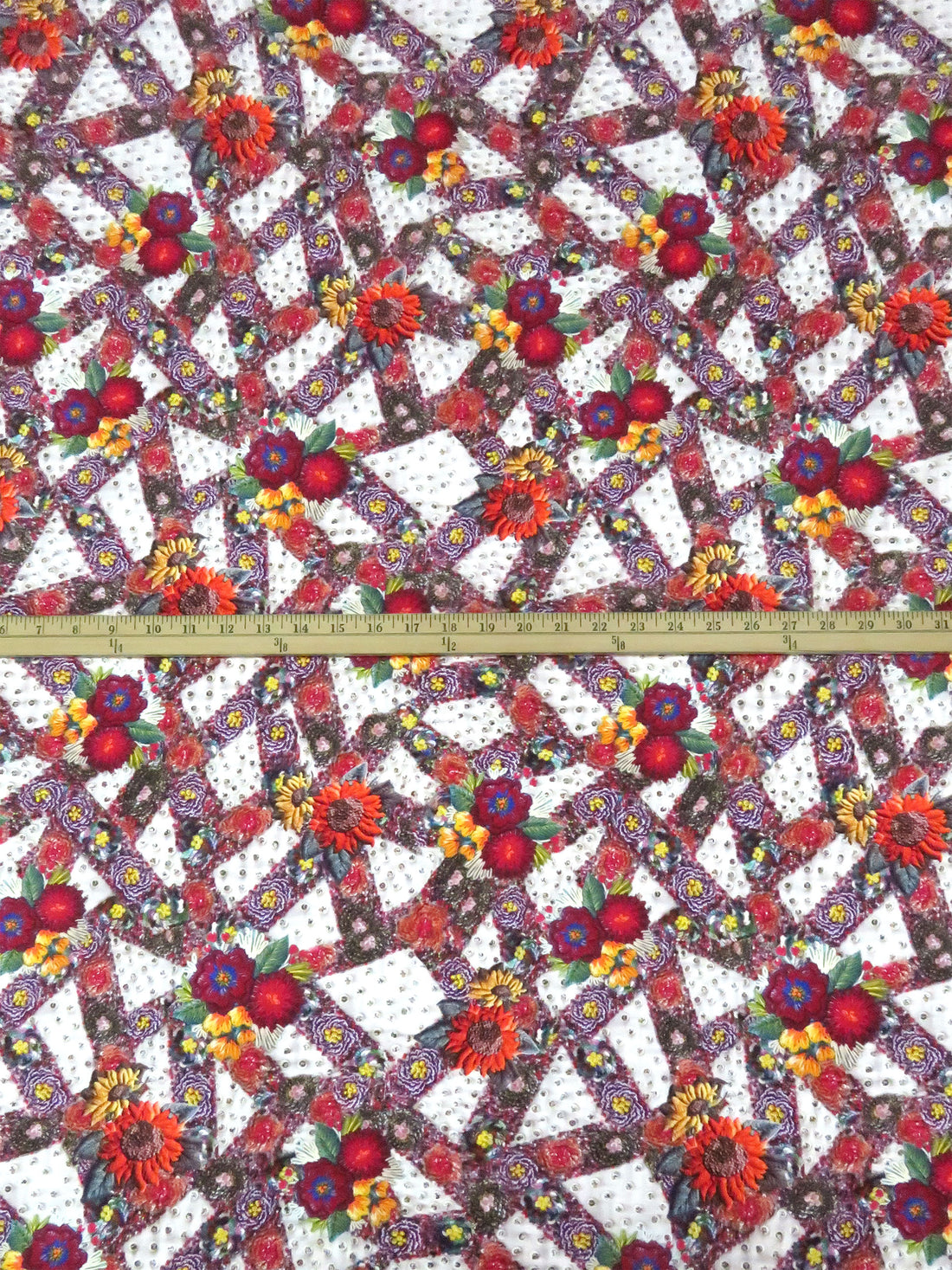 Shadow Lavender/Deep Magenta/Sunflower Yellow/Multi 100% Rayon Floral Patchwork Embroidery Print Challis 56W