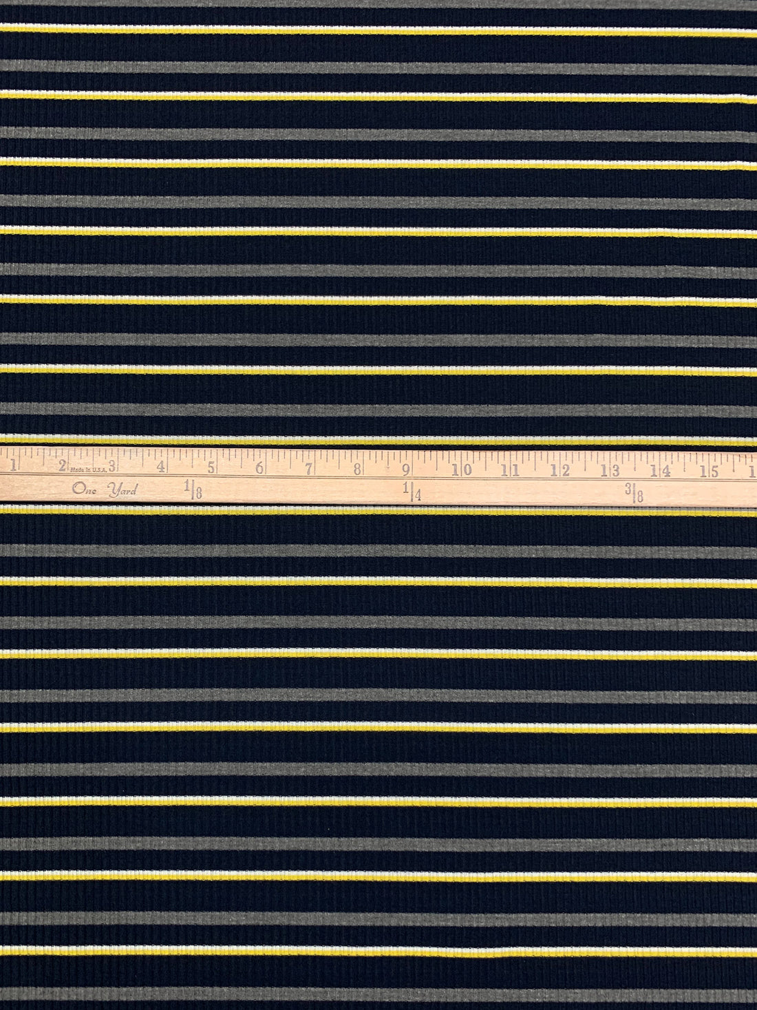 Dark Navy/Gray/White/Yellow Polyester/Cotton/Lycra Horizontal Stripe Rib Knit 54W