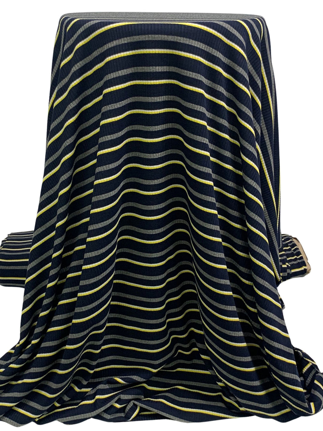 Dark Navy/Gray/White/Yellow Polyester/Cotton/Lycra Horizontal Stripe Rib Knit 54W