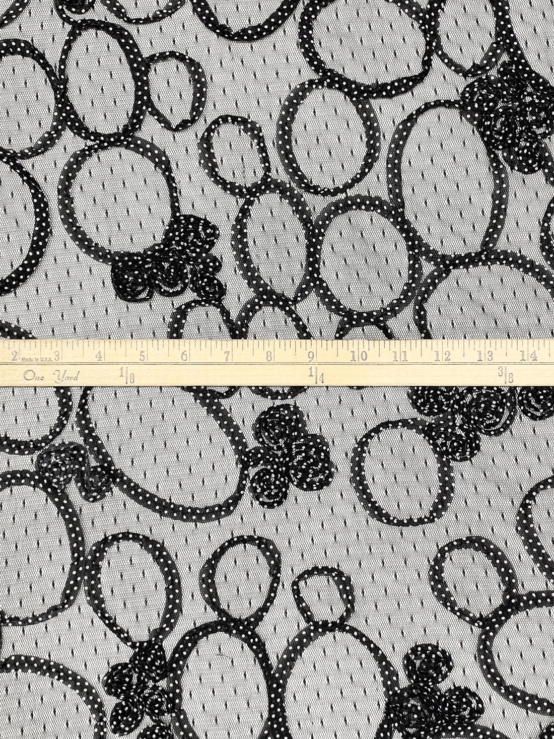 Black/White Nylon/Polyester/Lycra Embellished Dotted Circles & Rosettes On Netting 54W