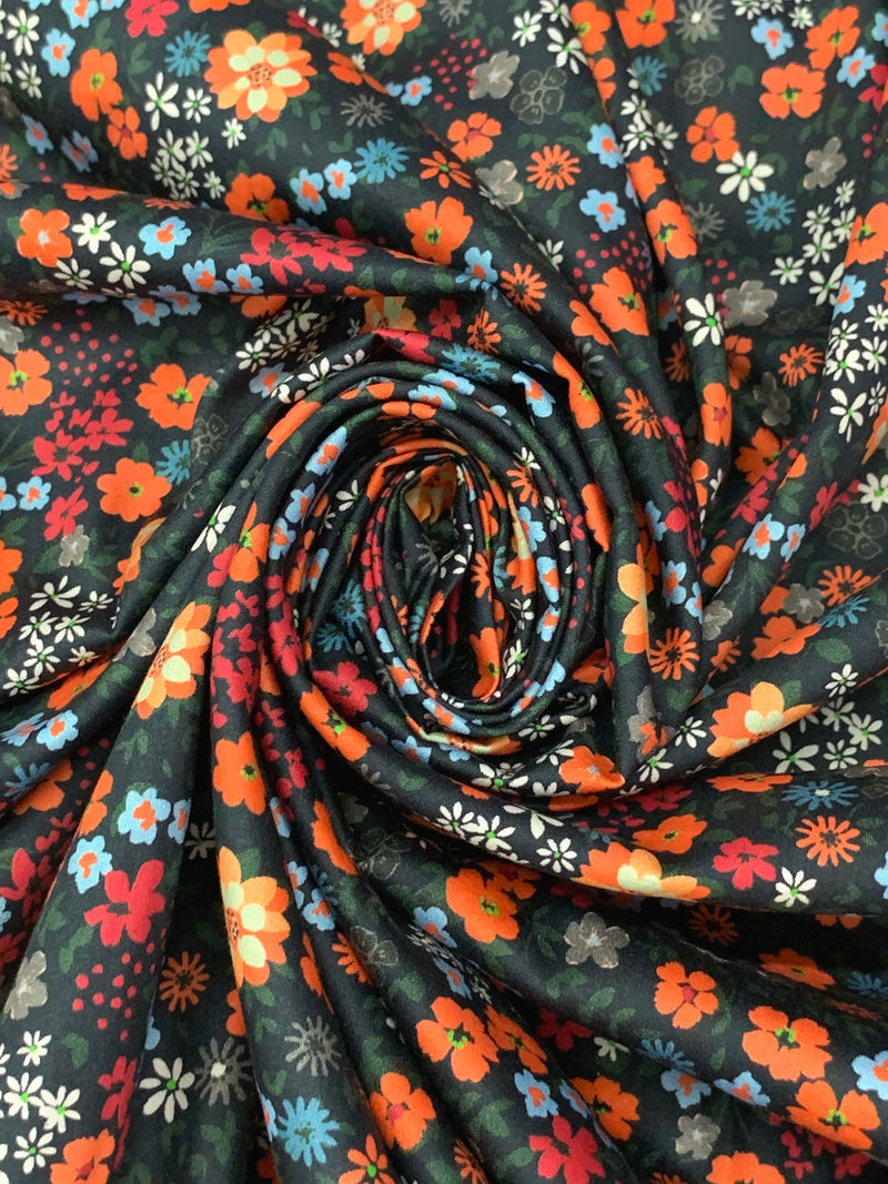 Gunmetal/Persimmon/Blizzard Blue 100% Cotton Ditsy Floral Print Sateen Shirting 58W