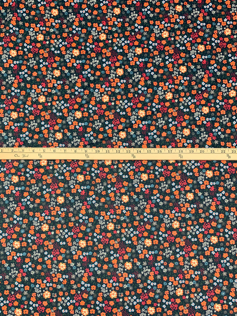 Gunmetal/Persimmon/Blizzard Blue 100% Cotton Ditsy Floral Print Sateen Shirting 58W