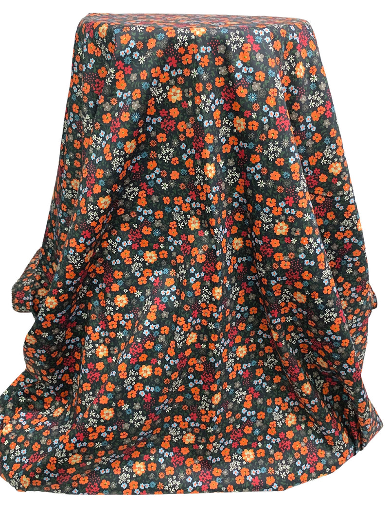 Gunmetal/Persimmon/Blizzard Blue 100% Cotton Ditsy Floral Print Sateen Shirting 58W