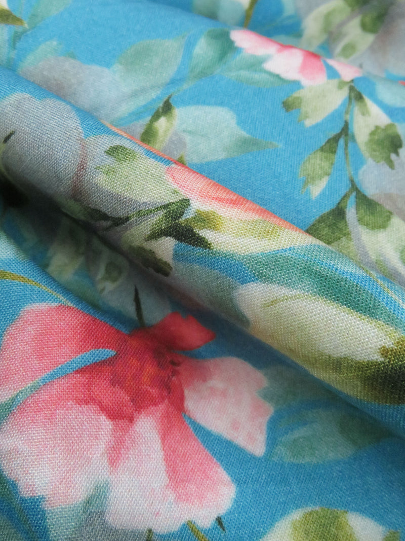 Pacific Blue/Living Coral/Meadow Green/Multi 100% Rayon Floral Print Challis 58W