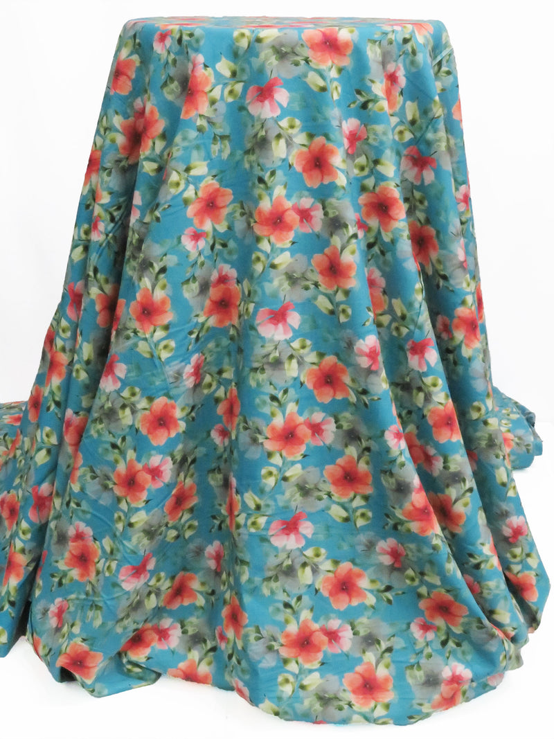 Pacific Blue/Living Coral/Meadow Green/Multi 100% Rayon Floral Print Challis 58W