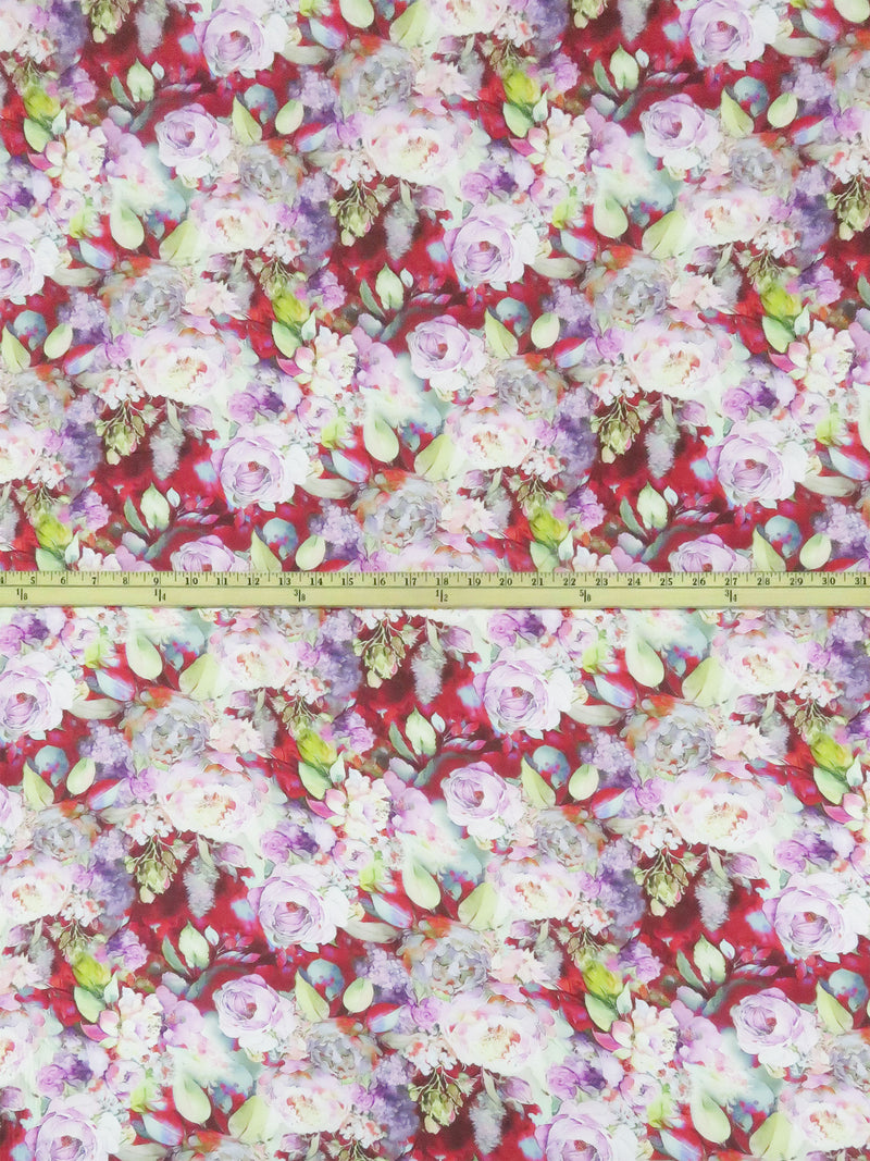 Cardinal Red/Lilac/Taffy Pink/Multi 100% Rayon Watercolor Floral Print Challis 58W