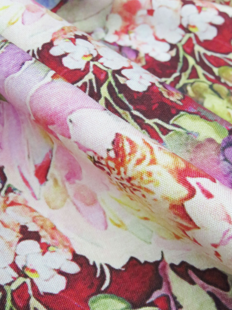 Cardinal Red/Lilac/Taffy Pink/Multi 100% Rayon Watercolor Floral Print Challis 58W