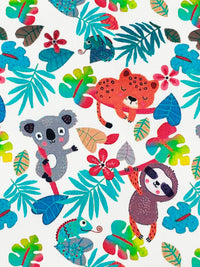 White/Teal/Strawberry/Multi Cotton/Rayon Jungle Friends Print Poplin Shirting 58W