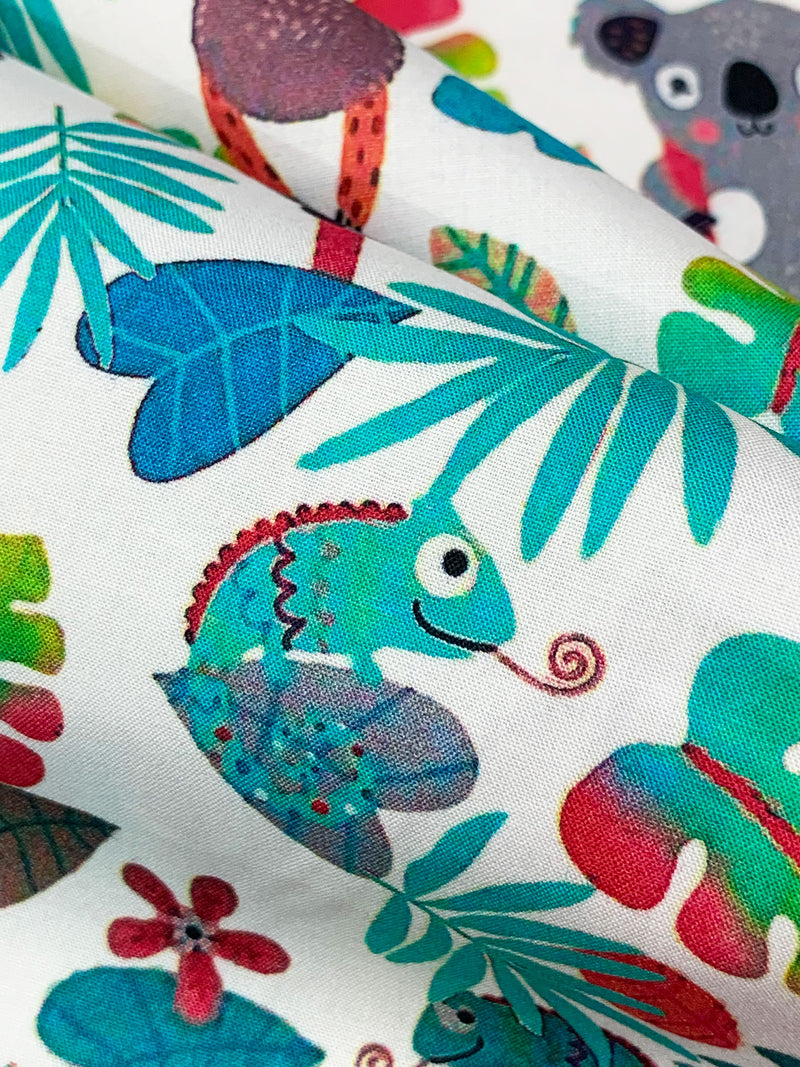 White/Teal/Strawberry/Multi Cotton/Rayon Jungle Friends Print Poplin Shirting 58W