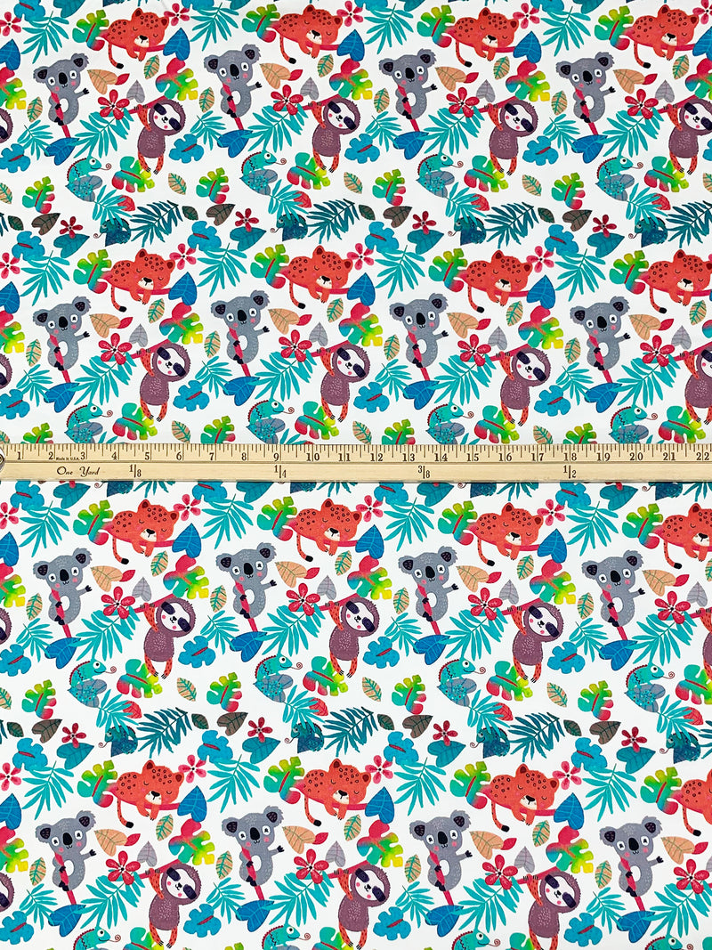 White/Teal/Strawberry/Multi Cotton/Rayon Jungle Friends Print Poplin Shirting 58W