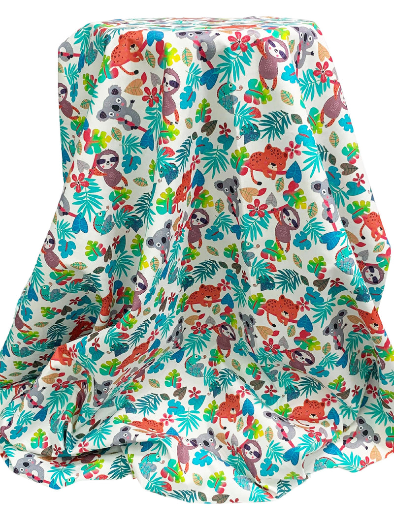 White/Teal/Strawberry/Multi Cotton/Rayon Jungle Friends Print Poplin Shirting 58W