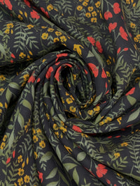 Muted Cool Black/Goldenrod/Vermilion 100% Rayon Floral Print Voile 58W