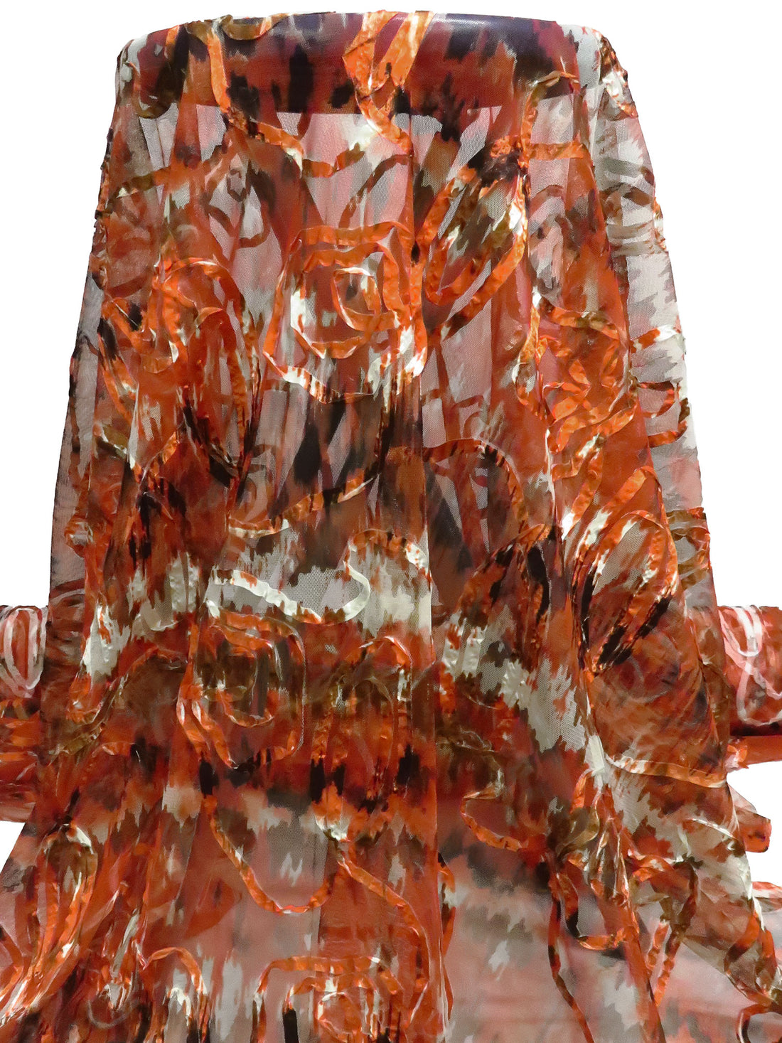 Burnt Orange/Black/White/Multi Polyester/Lycra Abstract Print Embroidered Ribbon Mesh Knit 56W