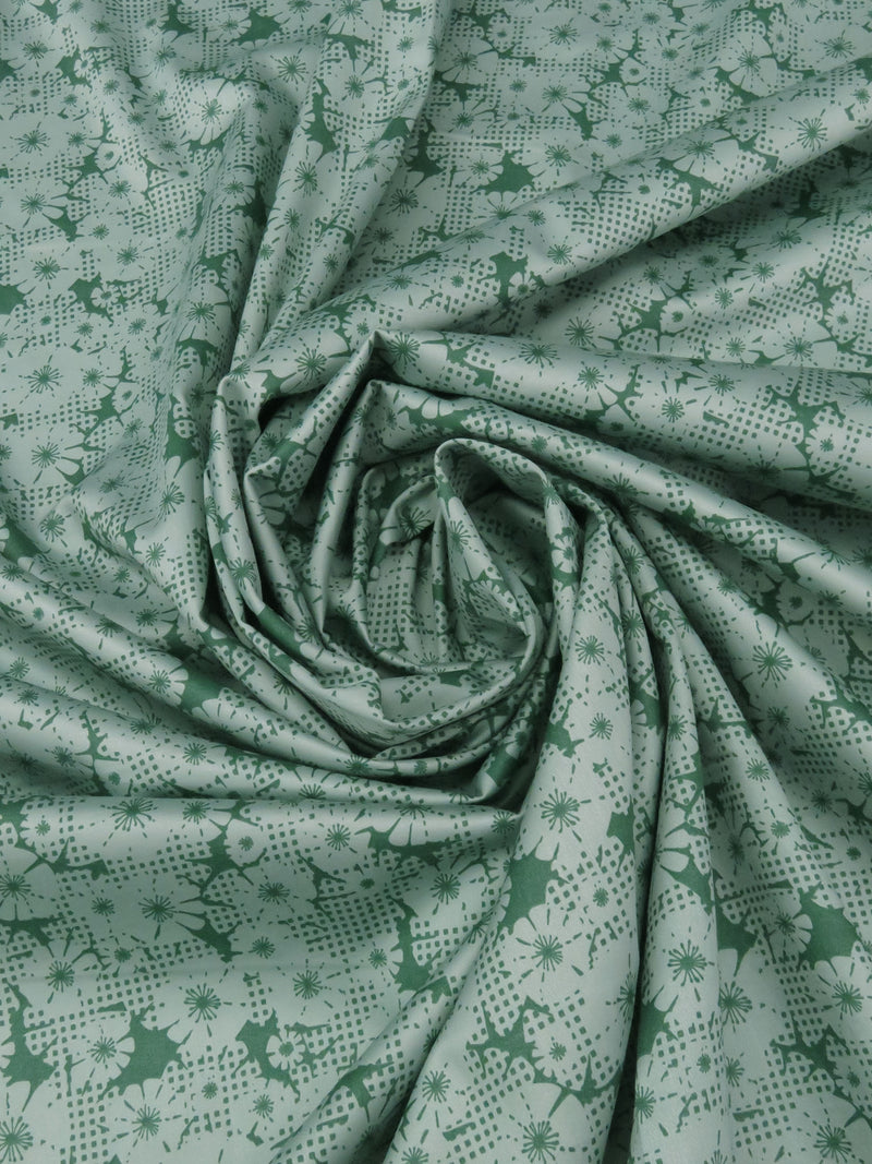 Muted Seafoam/British Racing Green 100% Cotton Checked Floral Print Sateen Shirting 58W