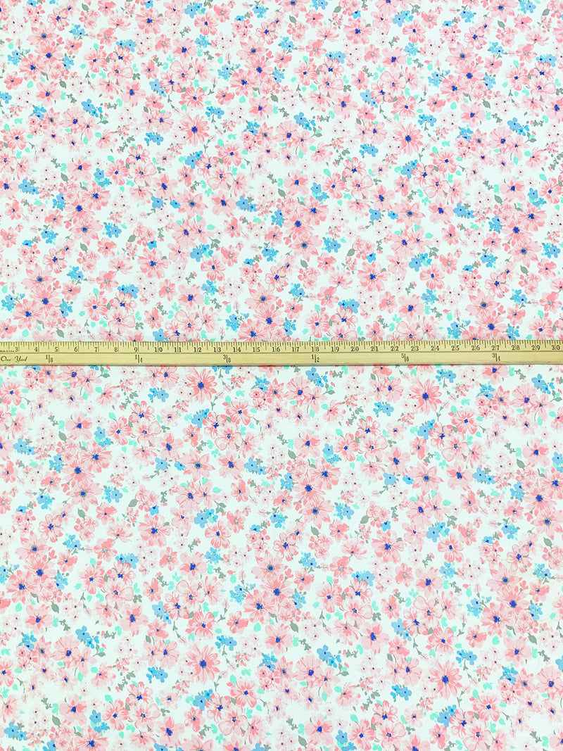 White/Baby Pink/Cobalt Blue 100% Cotton Floral Print Jersey Knit - NY Designer - 62W