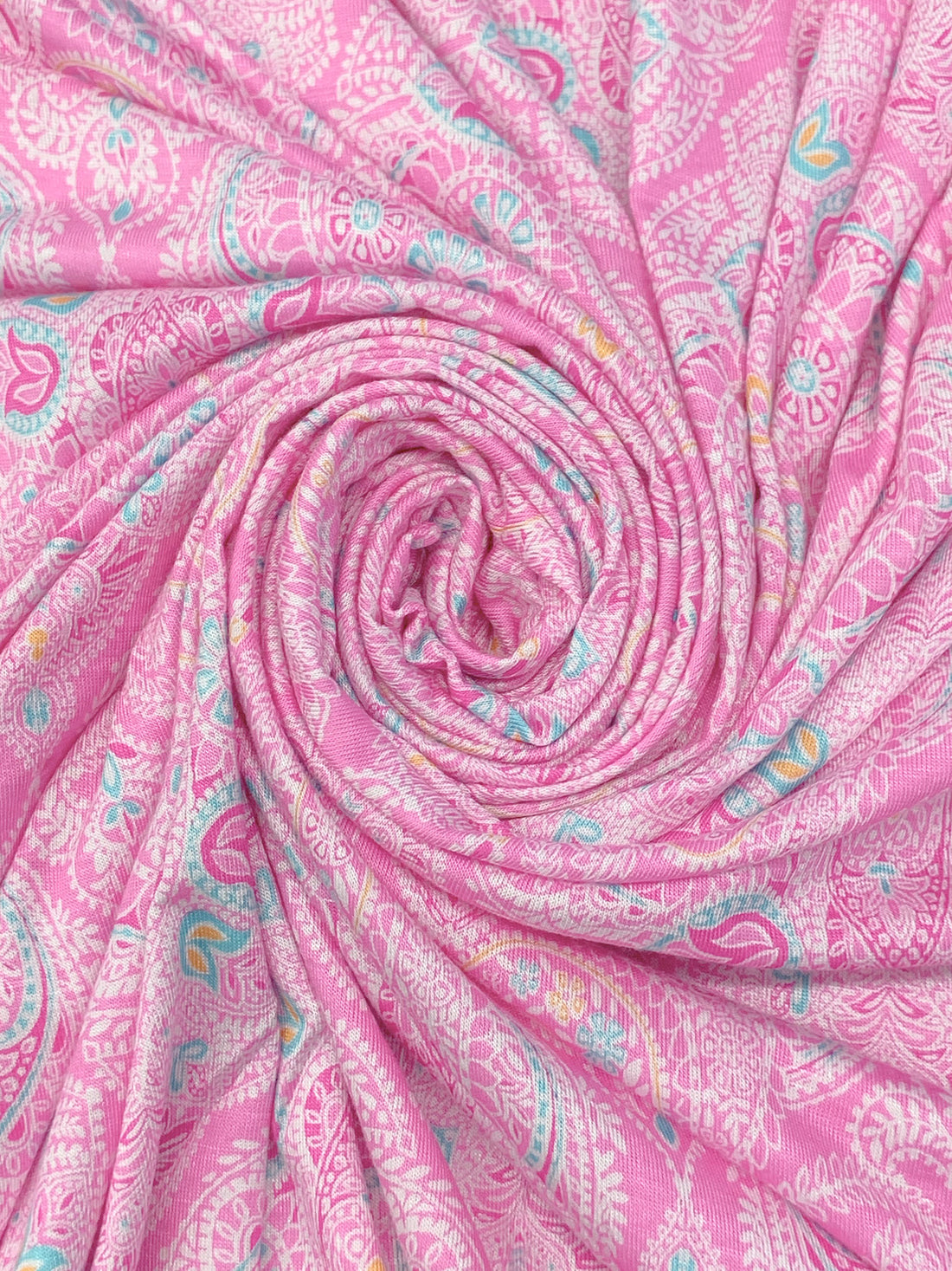 Orchid Pink/White/Turquoise/Multi Rayon/Lycra Ornate Paisley Medallion Print Jersey Knit - NY Designer - 62W