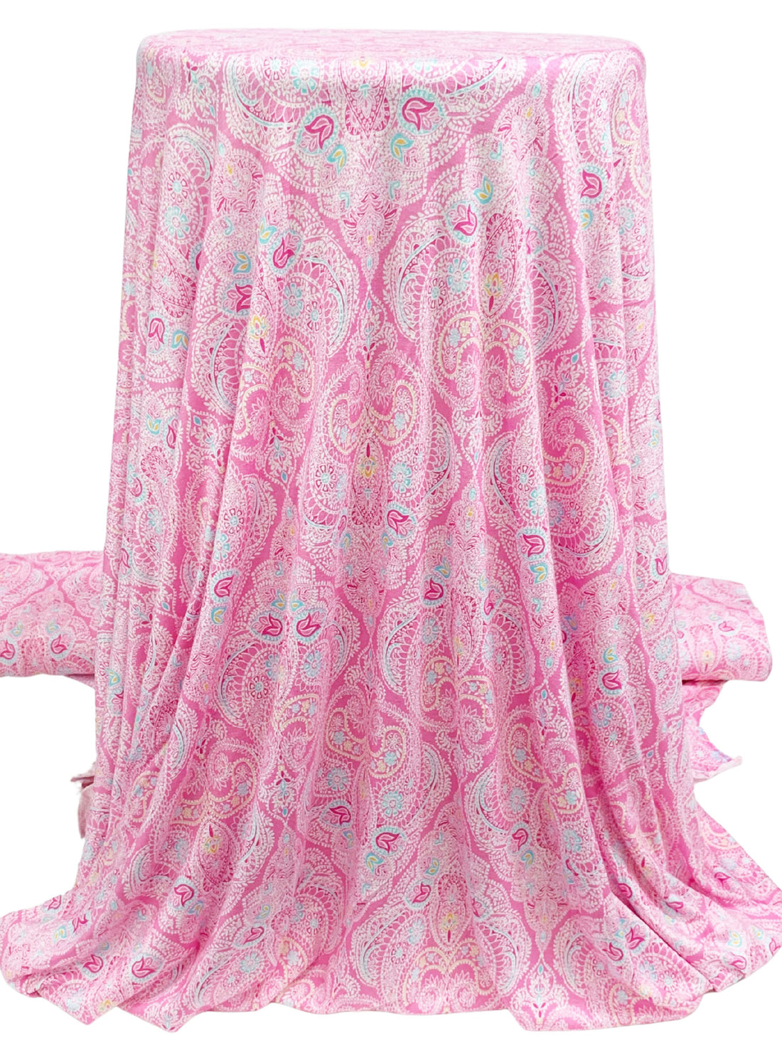 Orchid Pink/White/Turquoise/Multi Rayon/Lycra Ornate Paisley Medallion Print Jersey Knit - NY Designer - 62W