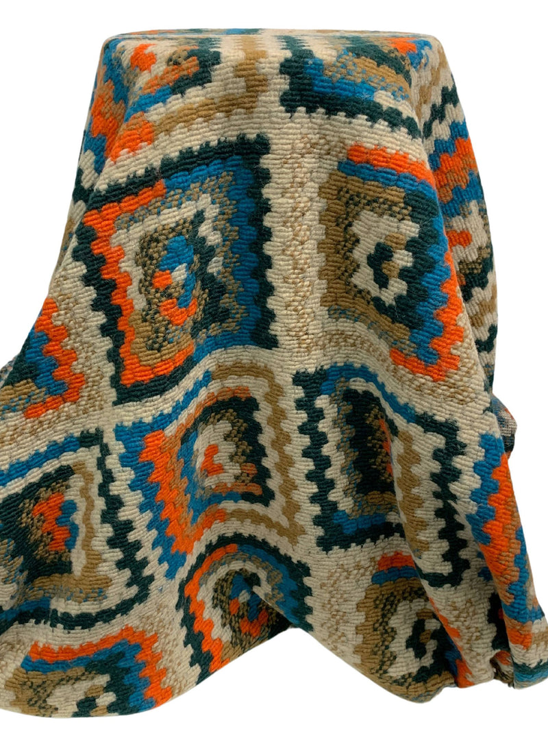 Sea Blue/Orange/Dark Navy/Multi Wool/Nylon Granny Square Chunky Sweater Knit - Imported From Italy - 56W