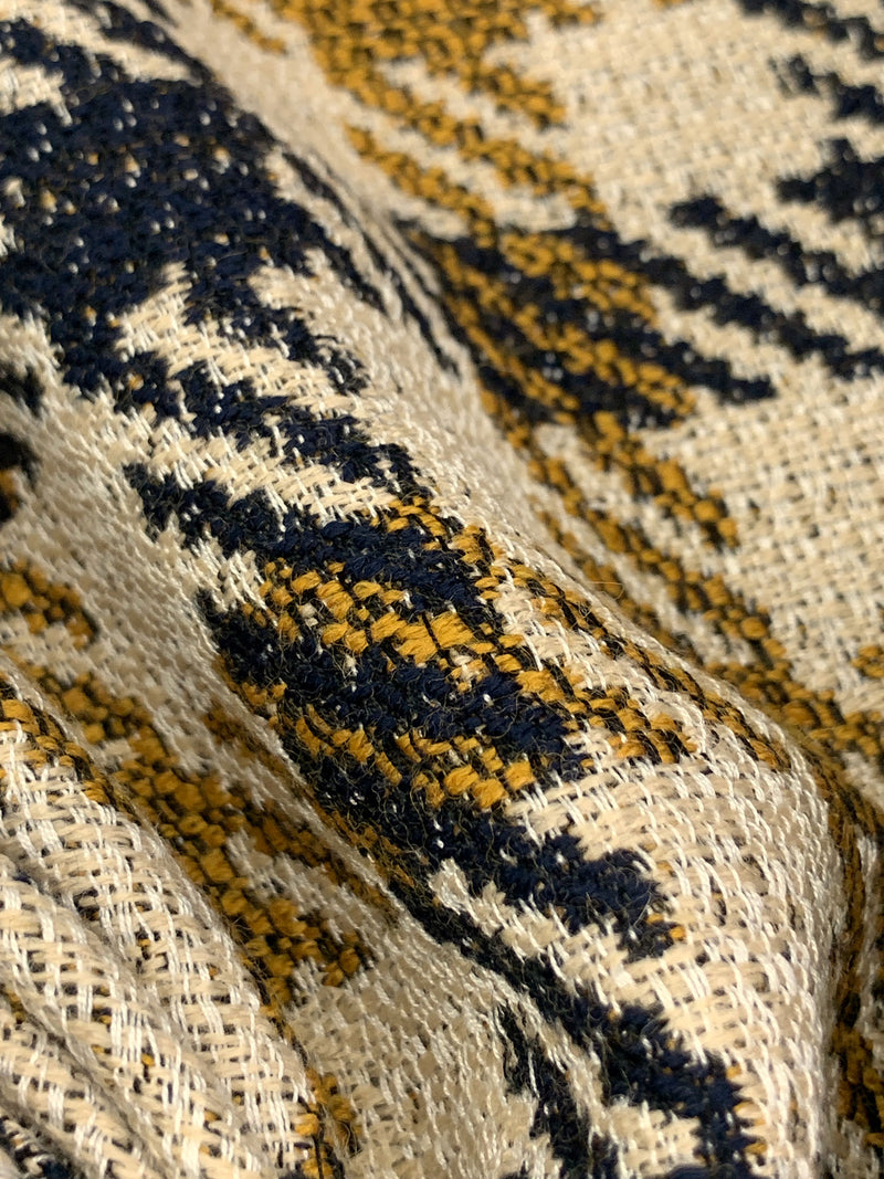 Parchment/Goldenrod/Dark Navy Wool/Rayon/Nylon Large Plaid Tapestry-Look Coating - Imported From Italy - 62W