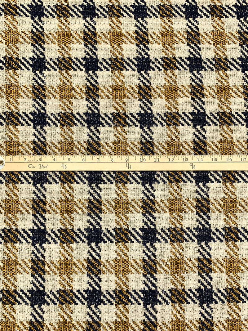 Parchment/Goldenrod/Dark Navy Wool/Rayon/Nylon Large Plaid Tapestry-Look Coating - Imported From Italy - 62W