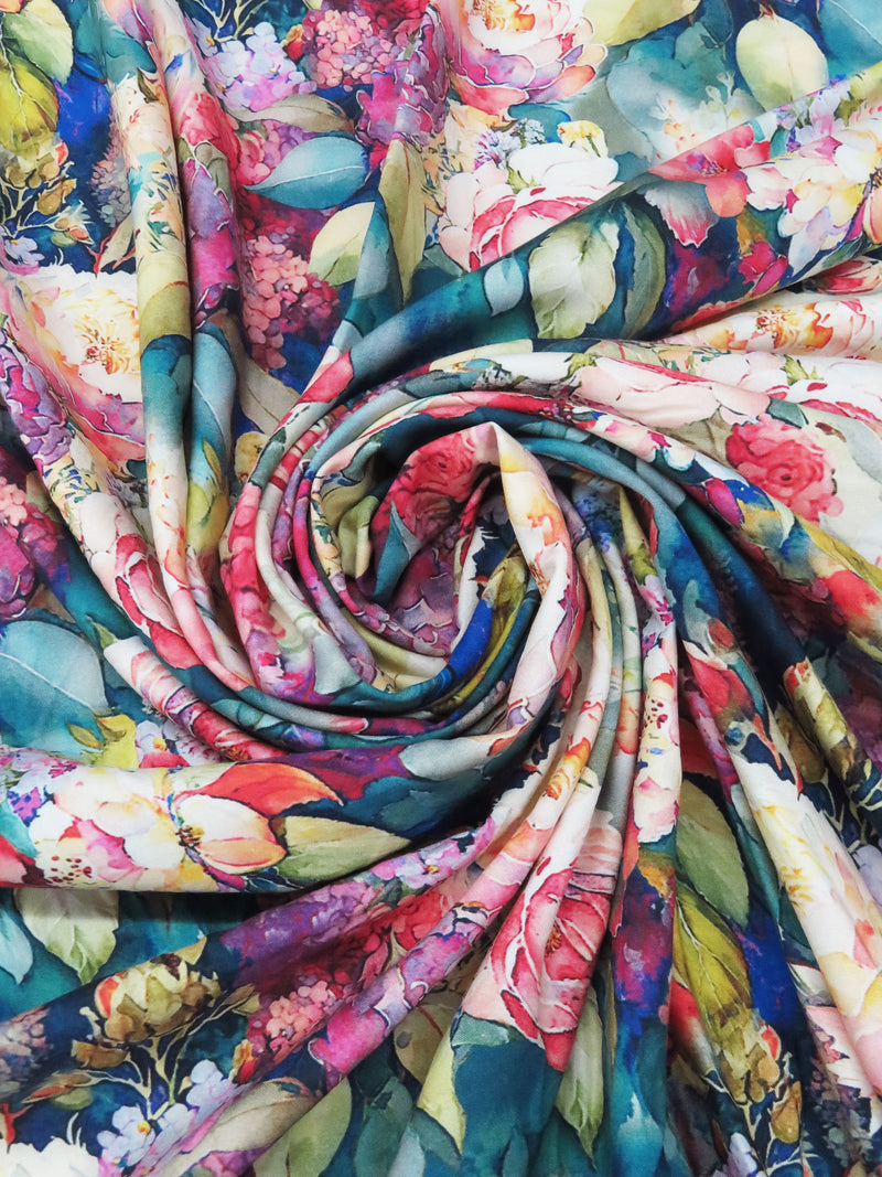 Taffy Pink/Emerald/Butter Yellow/Multi 100% Rayon Dreamy Floral Print Challis 56W