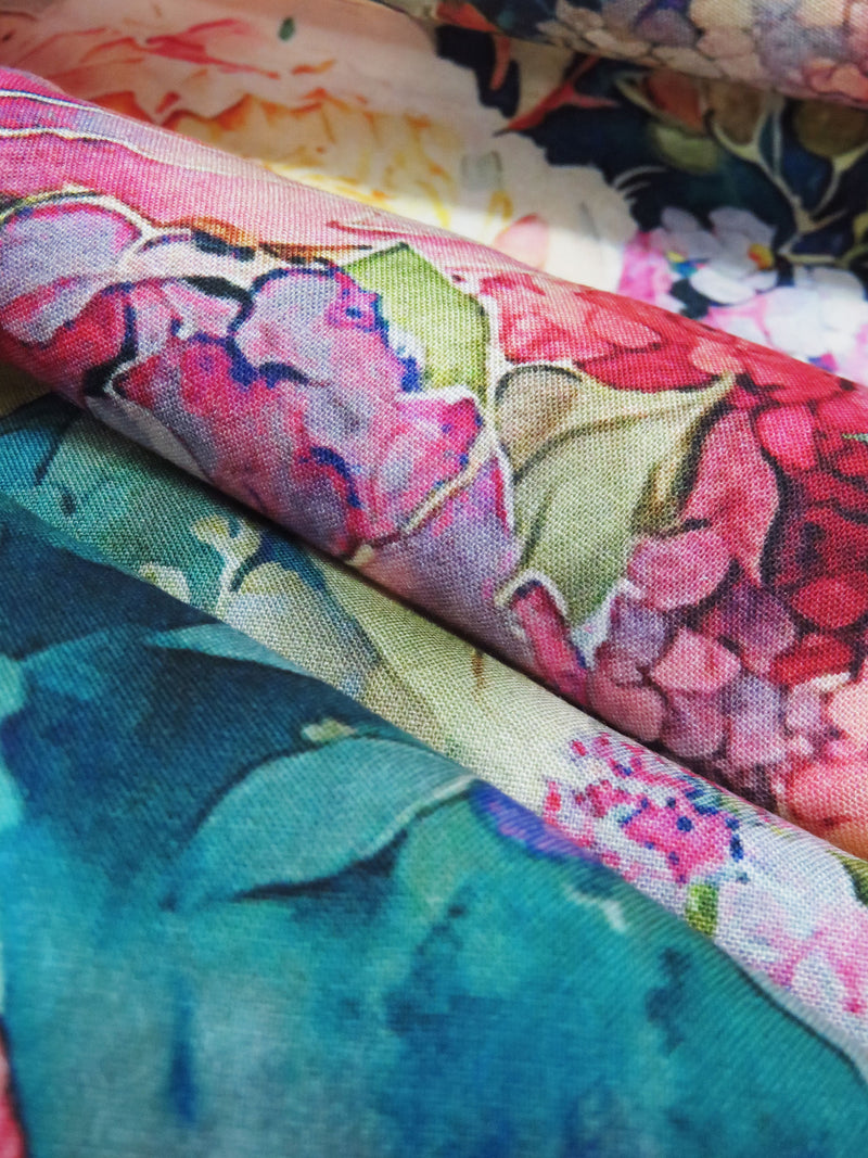 Taffy Pink/Emerald/Butter Yellow/Multi 100% Rayon Dreamy Floral Print Challis 56W