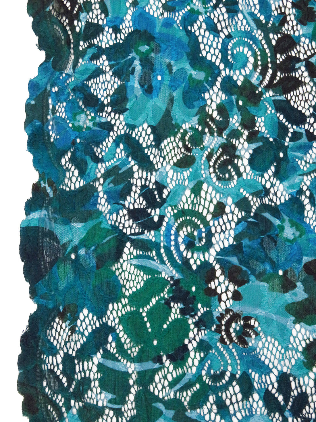 Aqua/Teal/Dark Green/Multi Nylon/Lycra Double Scalloped Border Abstract Print On Floral Weave Stretch Lace - NY Designer - 55W