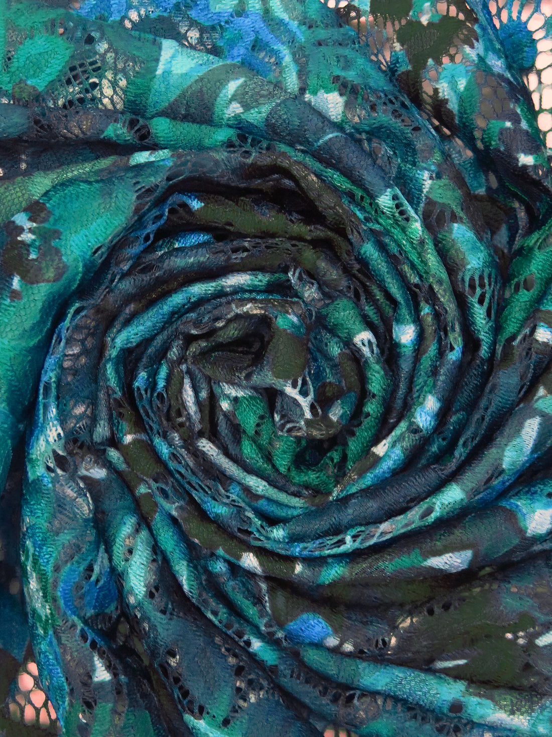 Aqua/Teal/Dark Green/Multi Nylon/Lycra Double Scalloped Border Abstract Print On Floral Weave Stretch Lace - NY Designer - 55W