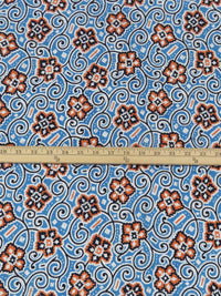 Bright Cerulean/Navy/Cinnamon Brown/White Rayon/Lycra Floral Scrolls Print Stretch Challis 46W