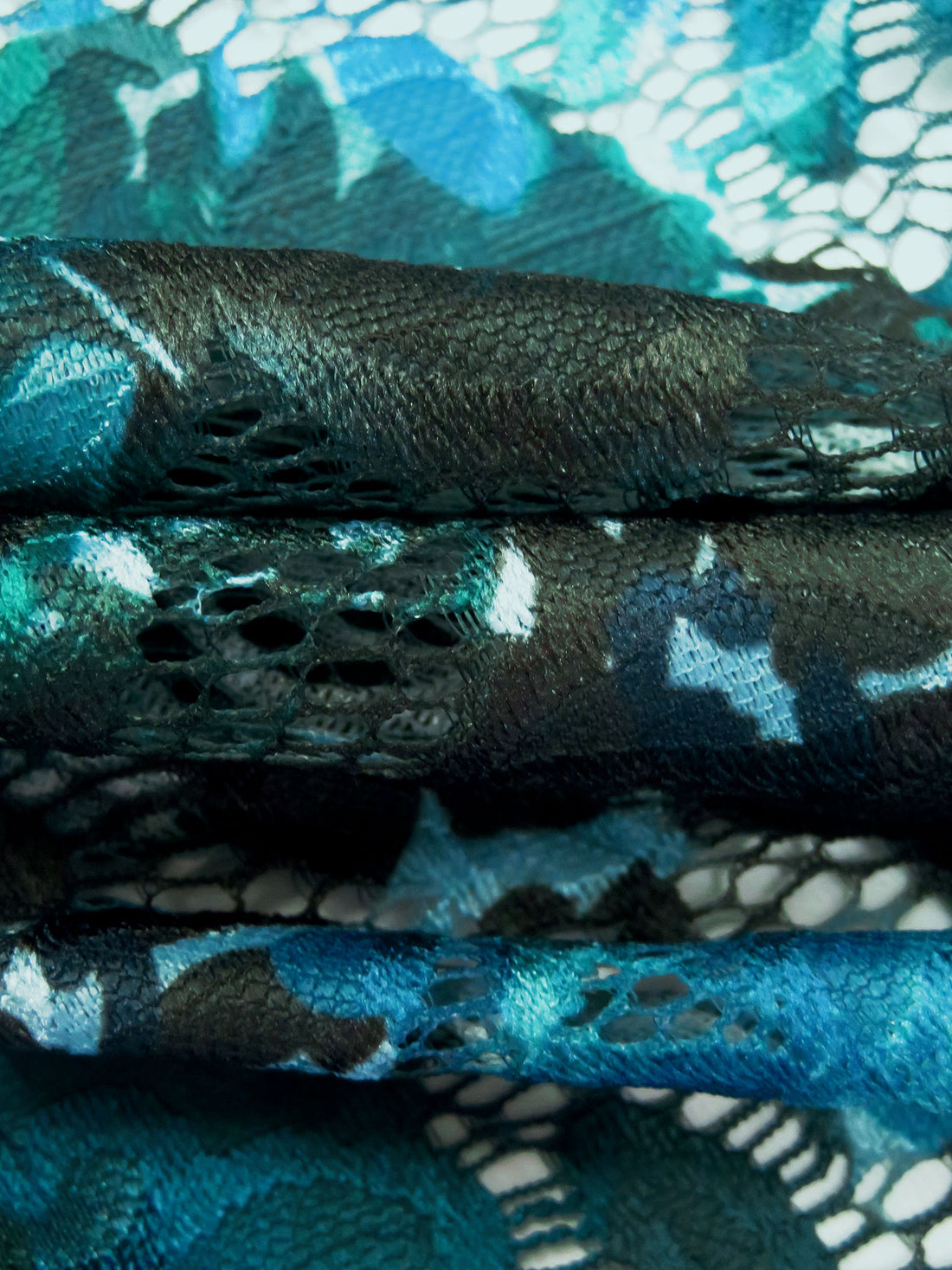 Aqua/Teal/Dark Green/Multi Nylon/Lycra Double Scalloped Border Abstract Print On Floral Weave Stretch Lace - NY Designer - 55W