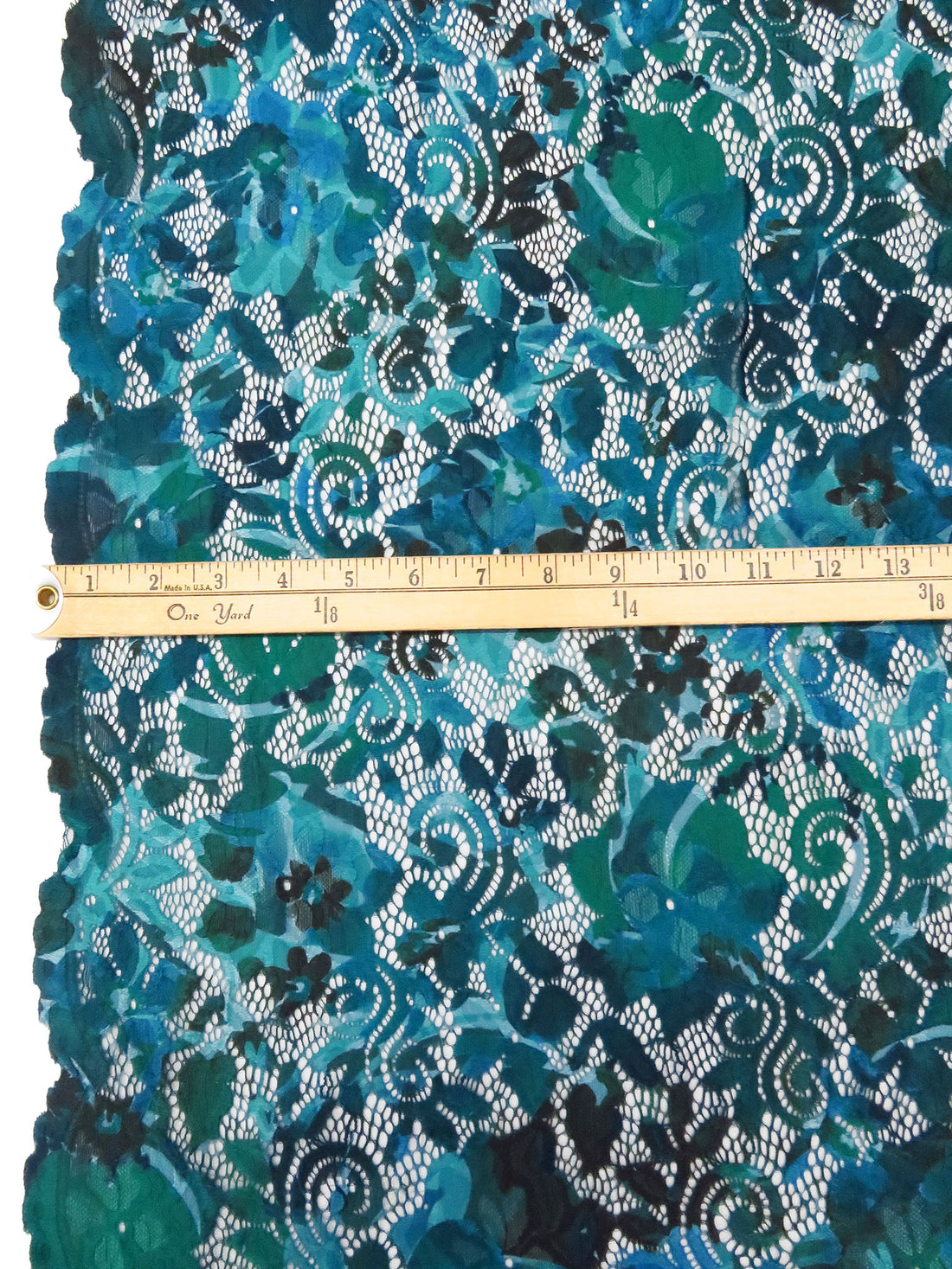 Aqua/Teal/Dark Green/Multi Nylon/Lycra Double Scalloped Border Abstract Print On Floral Weave Stretch Lace - NY Designer - 55W